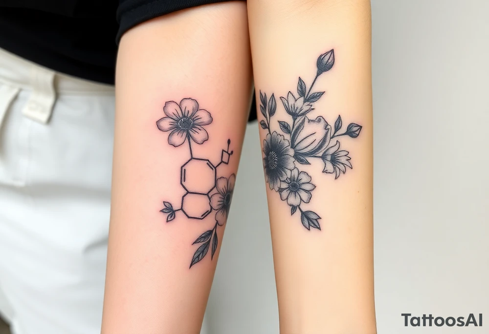 Bipolar disorder chemical bond with flowers and fade from color to black and white tattoo idea