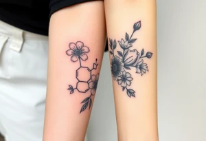 Bipolar disorder chemical bond with flowers and fade from color to black and white tattoo idea