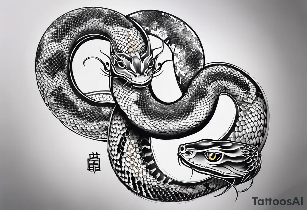 Double headed snake tattoo for placement along the spine in japanese style where the head is positioned at the bottom end of my spine to symbolise a journey of healing and transformation with small reference to ying yang tattoo idea