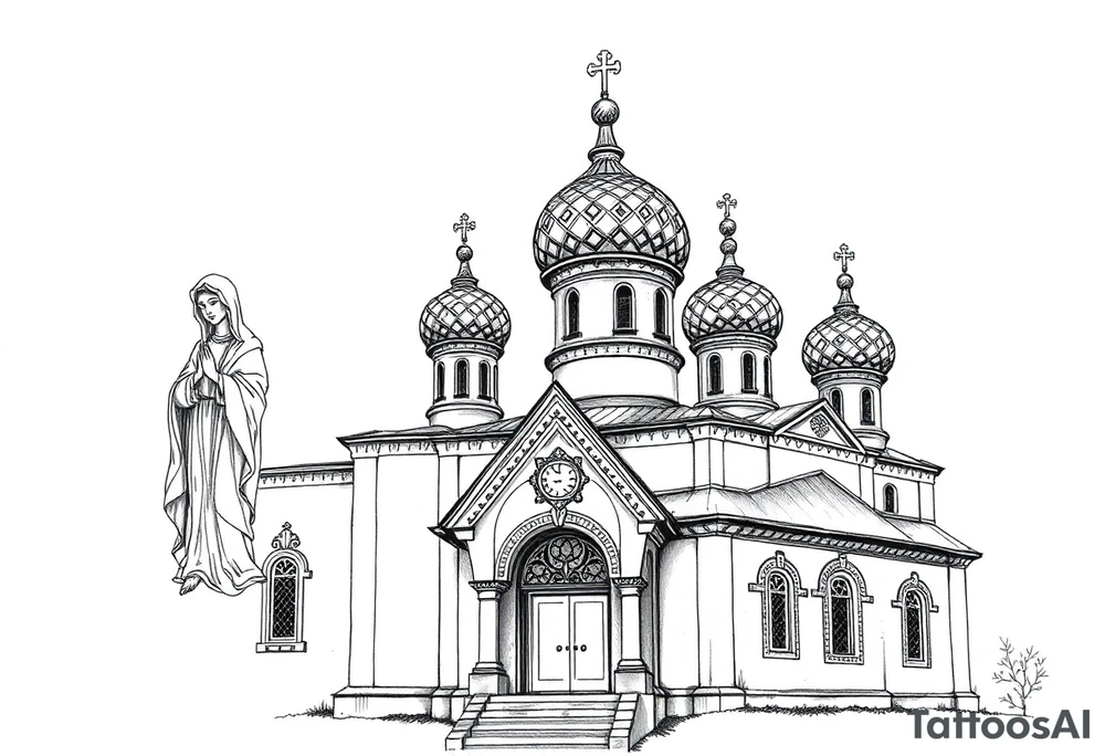Russian orthodox church with bulb domes with a prominent russian orthodox style virgin mary stood outside to the left russian themed tattoo idea