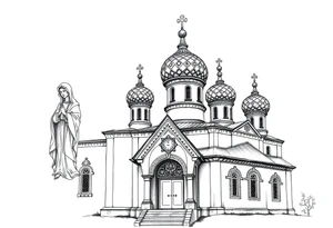 Russian orthodox church with bulb domes with a prominent russian orthodox style virgin mary stood outside to the left russian themed tattoo idea