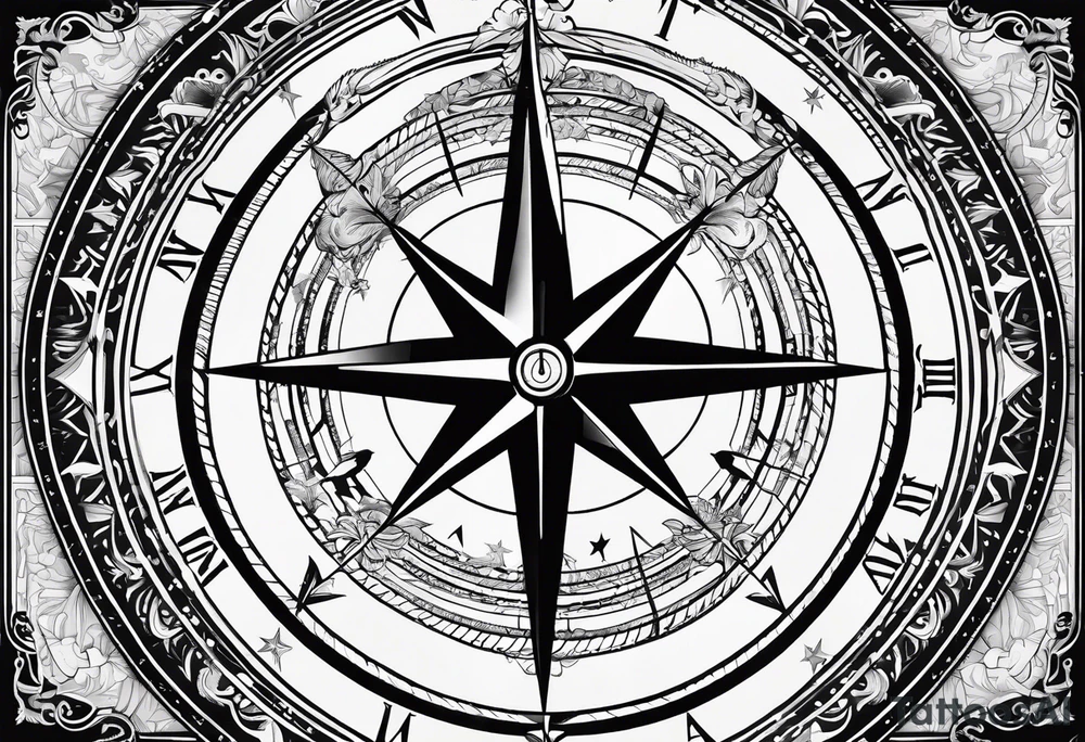 Simple Nautical compass with New Zealand map outline behind it and southern cross tattoo idea