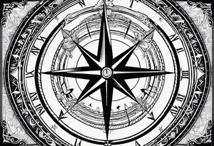 Simple Nautical compass with New Zealand map outline behind it and southern cross tattoo idea