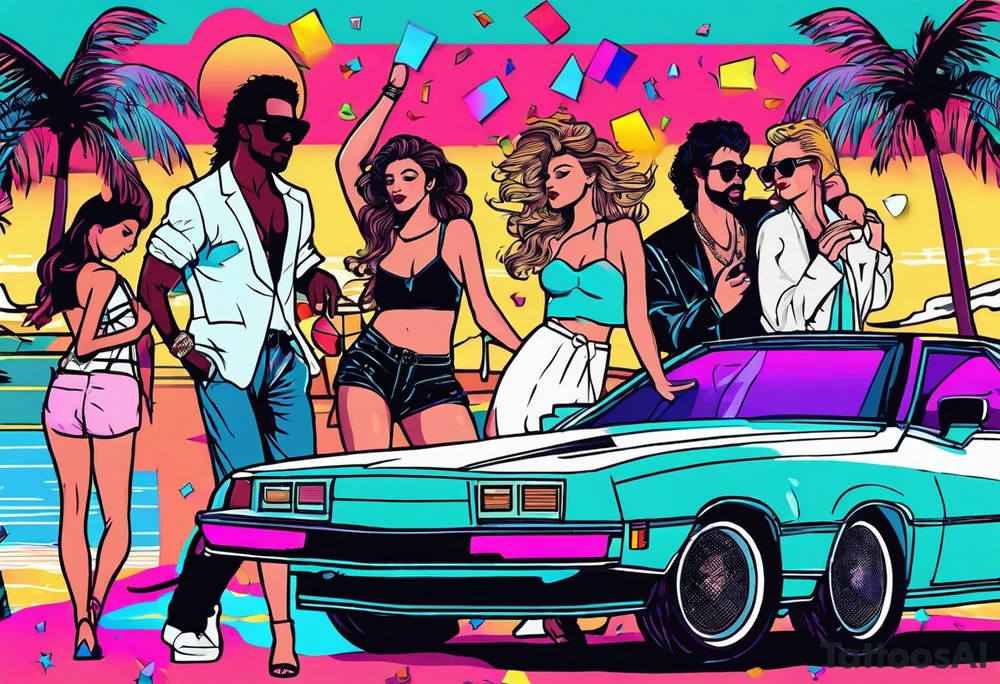 1980's miami vice style dance party with boom box, confetti, music notes in a retro eighties beach theme, no cars tattoo idea