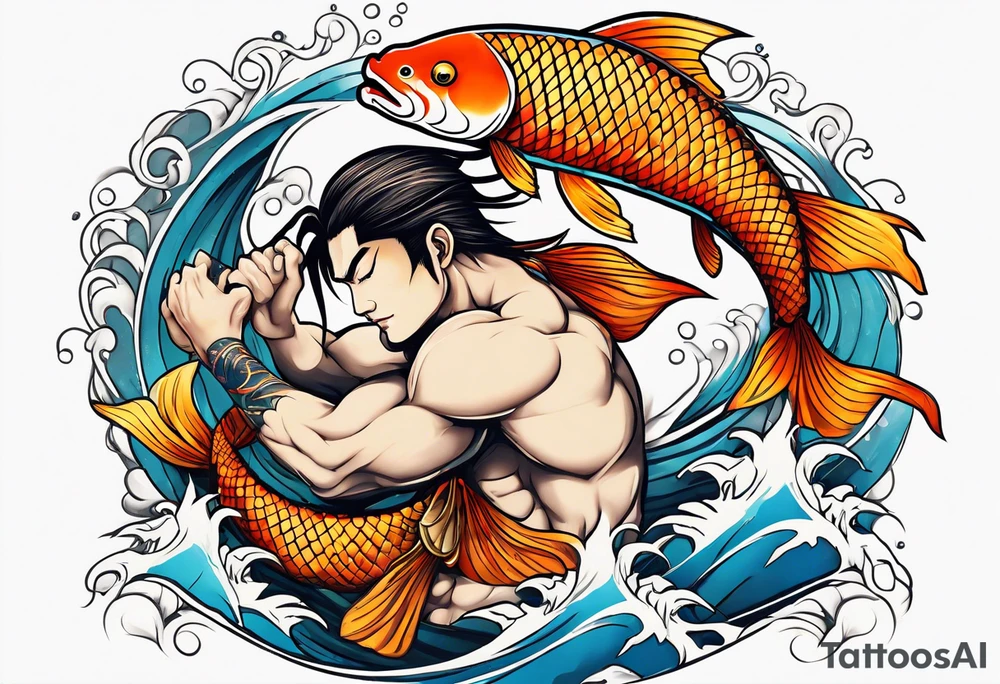 Kintaro doing a ju jitsu rear naked choke to a koi fish traditional tattoo idea
