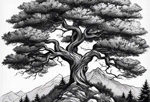 Tree on a mountain with branches for children and grandchildren’s names with roots wrapping around wrist and tree extending to just below elbow tattoo idea