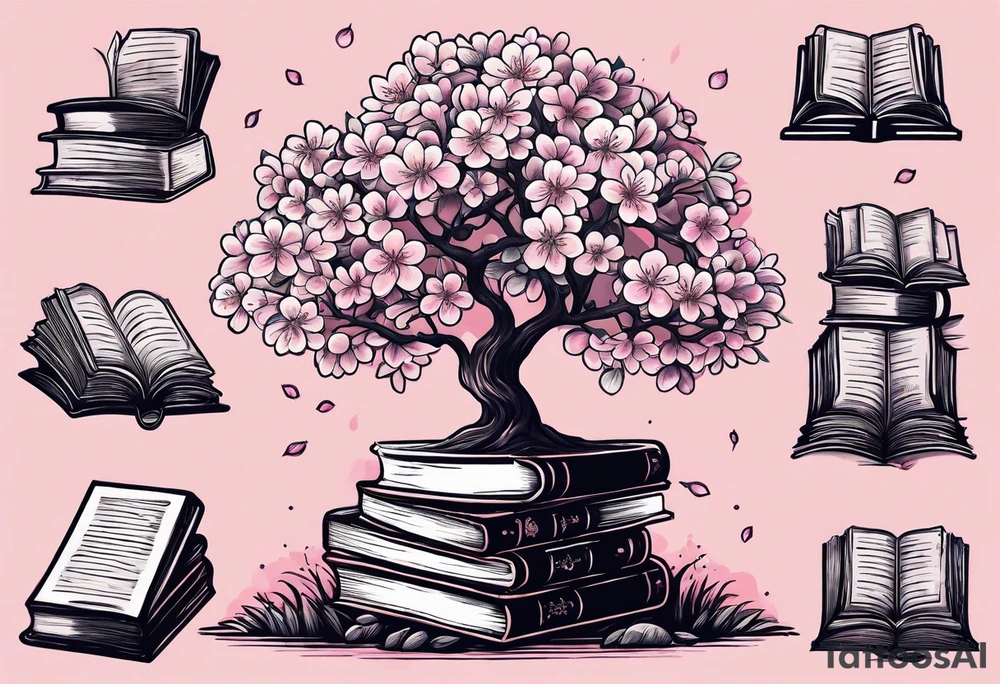 Cherry blossom tree growing out of a stack of books tattoo idea