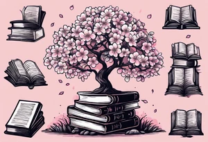 Cherry blossom tree growing out of a stack of books tattoo idea