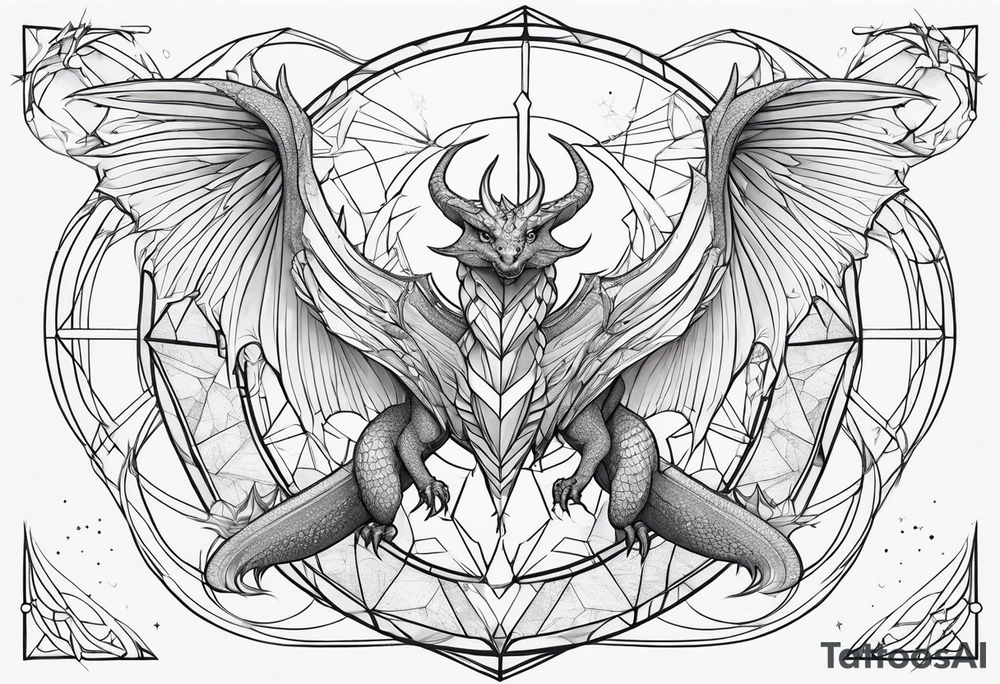 angel, dragon, geometric lines, figures, constellation cancer tattoo idea