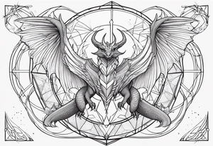 angel, dragon, geometric lines, figures, constellation cancer tattoo idea