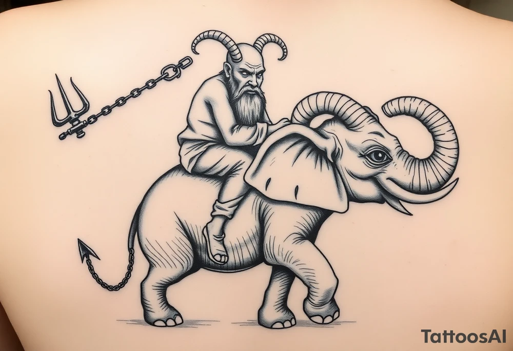 An insanely weird wild crazy man with the biggest eyes I’ve ever seen bulging out of his head with a long beard and bald head and goats horns riding on the back of a miniature elephant no bigger than  HIPPOPOTAMUS holding the devils trident in 1 hand and the other hand holding a chain that’s around the ELEPHANTS neck hanging on as if his life dependent on it the ELEPHANT having HUGE alien eyes bulging out of its head with giant goats horns on it expressing its dislike for people tattoo idea