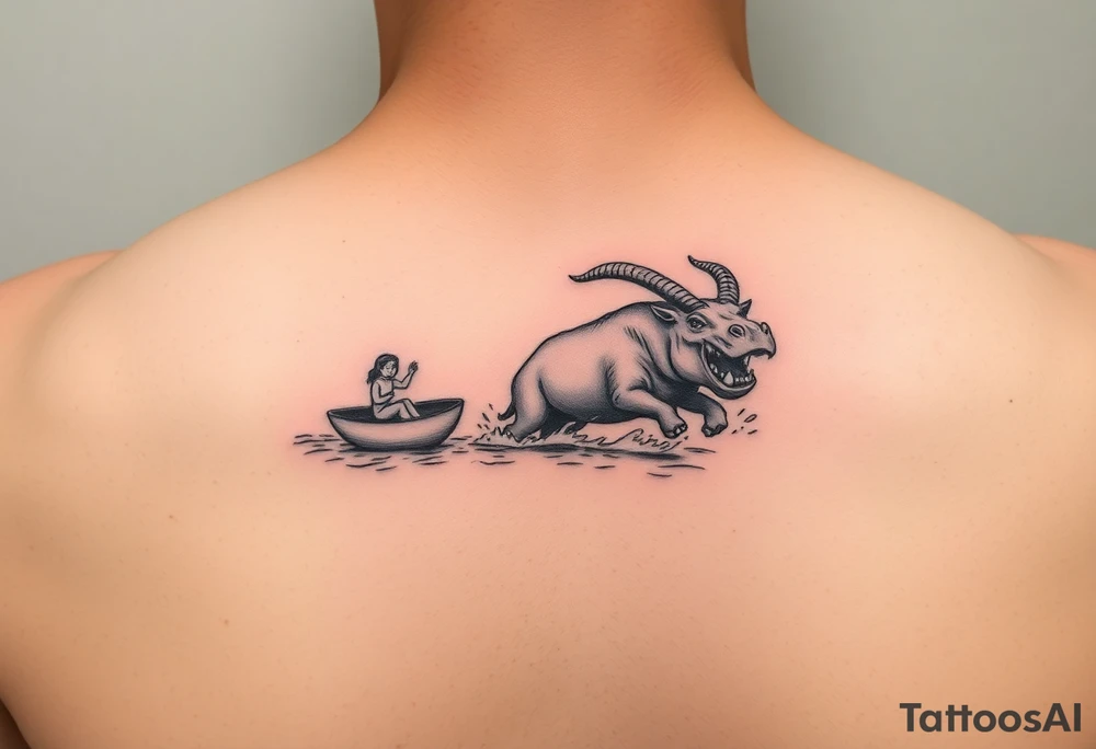 2 miniature people who are majestically floating down a river as a angry hippopotamus with goat horns chasing them tattoo idea
