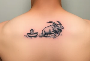 2 miniature people who are majestically floating down a river as a angry hippopotamus with goat horns chasing them tattoo idea