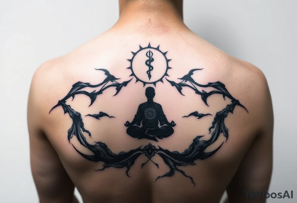 calm in the storm, equanimity, meditative silhouette tattoo idea