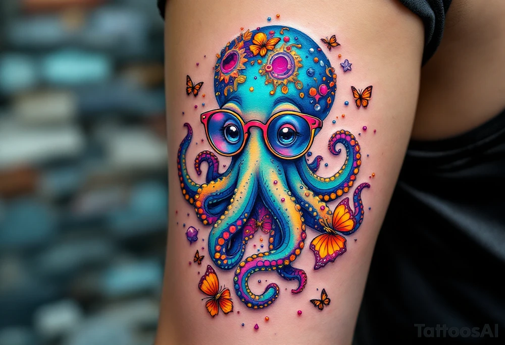 cute octopus, wearing glasses, friendly, surrounded by butterflies and oceanic items, trippy, acid tattoo idea