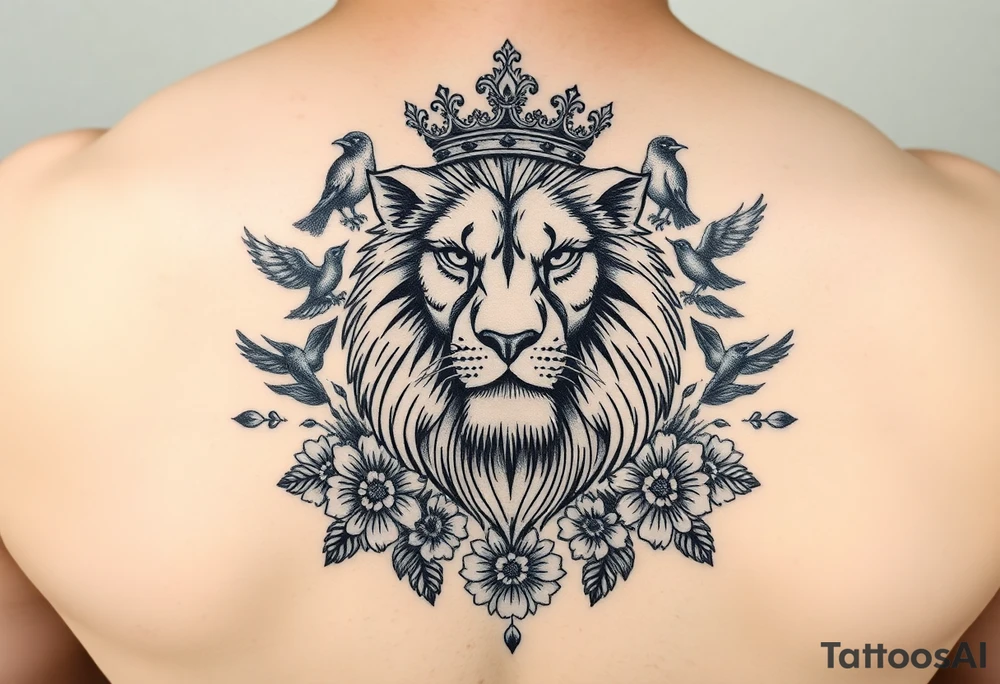 powerful majestic lion with a crown, surrounded by floral ornaments and birds tattoo idea