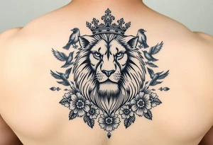 powerful majestic lion with a crown, surrounded by floral ornaments and birds tattoo idea