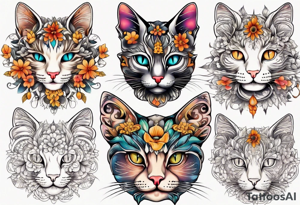 Cat colored flowers Mandala tattoo idea