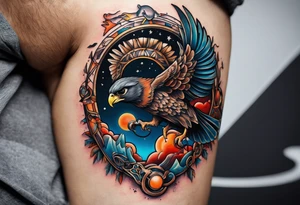 A tattoo with three animals 
a Aries Ram, A Peregrine Falcon and a Rat. in astrological design tattoo idea