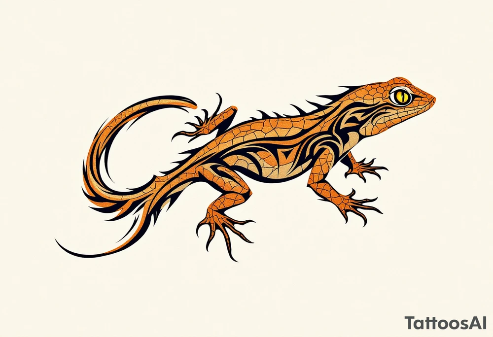 Tribal desert lizard with cracked earth texture – A sleek, agile lizard in motion, designed with tribal curves and sharp angles along its spine. Its skin mimics the pattern of sunbaked, cracked earth, blending tones of burnt orange, dusty brown, and charcoal black. The tail coils elegantly, forming a spiral, while the eyes gleam in golden yellow, symbolizing survival, transformation, and primal instincts. tattoo idea