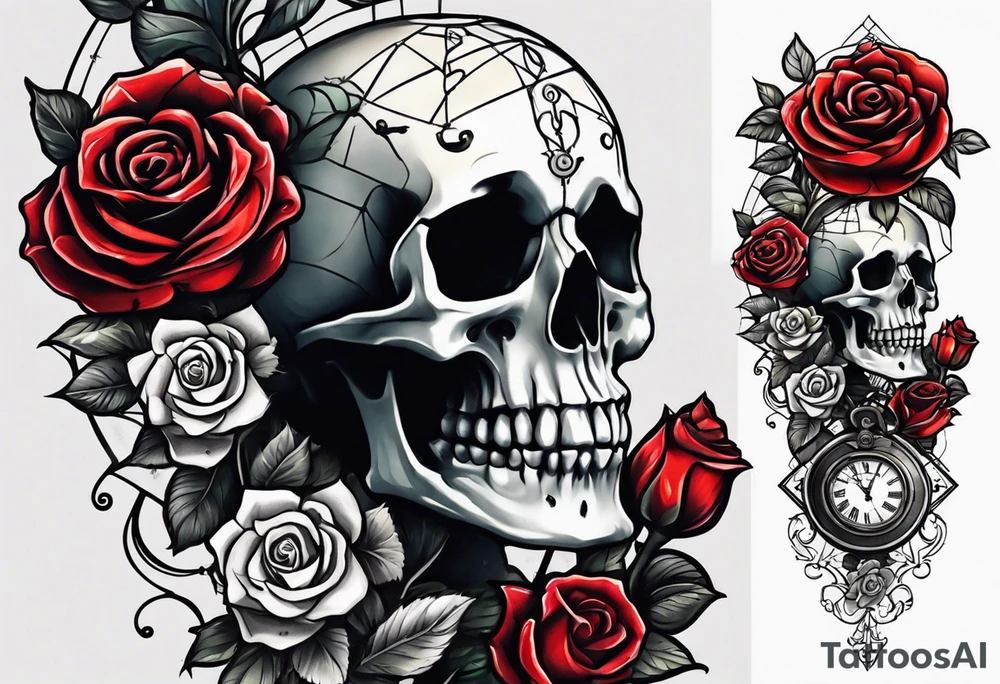 Skeleton with roses with clock tattoo tattoo idea