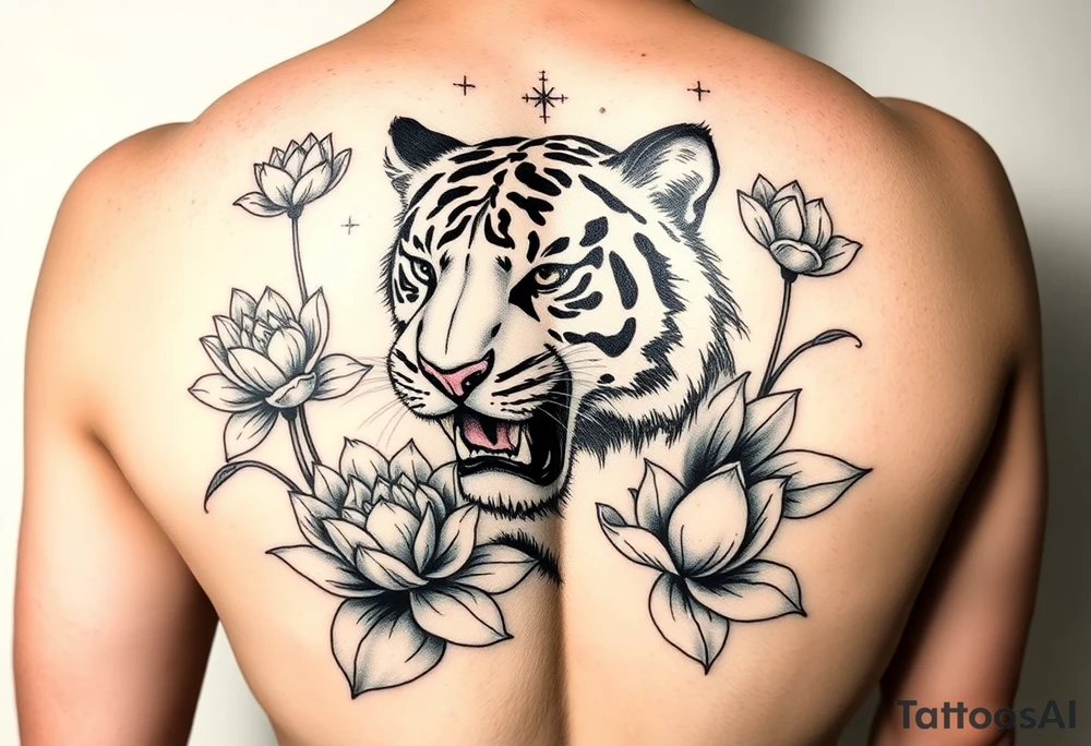fierce tiger emerging through blooming lotus flowers in mist tattoo idea