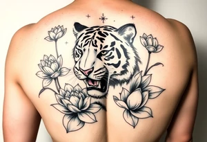 fierce tiger emerging through blooming lotus flowers in mist tattoo idea