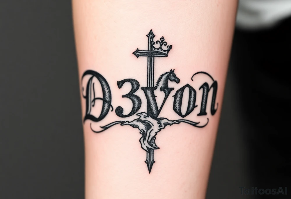 Name D3von with a ride and cross and crown  with a river tattoo idea