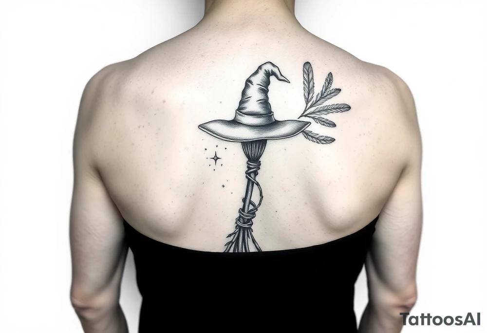 Which is broom with a witches hat with vines and feathers on your leg 
Smaller broom with hat placed on top or in the middle tattoo idea
