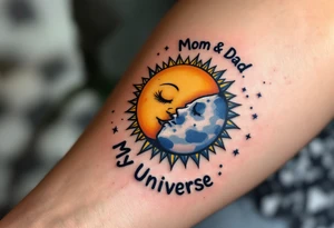 A whimsical sun and moon design in yellow and navy with “Mom & Dad My Universe” circling it. tattoo idea