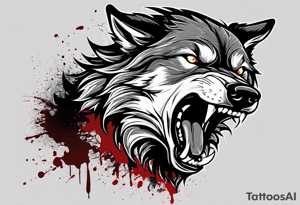 Create aggressive WOLF, with some blood coming out of his mouth and saliva. BLOOD IN THE BACKGROUND. Make it a drawing and use the image of reference. I am going to add. I want HIM TO BE ANGRY WITH RED EYES use VICIOUS WOLF THATS ANGRY tattoo idea