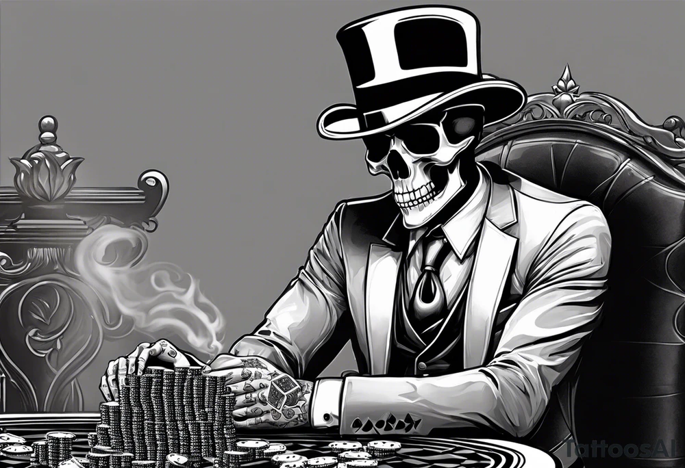 Skeleton in suit, with hat, sitting at the table, holding poker tokens tattoo idea holding cigar tattoo idea