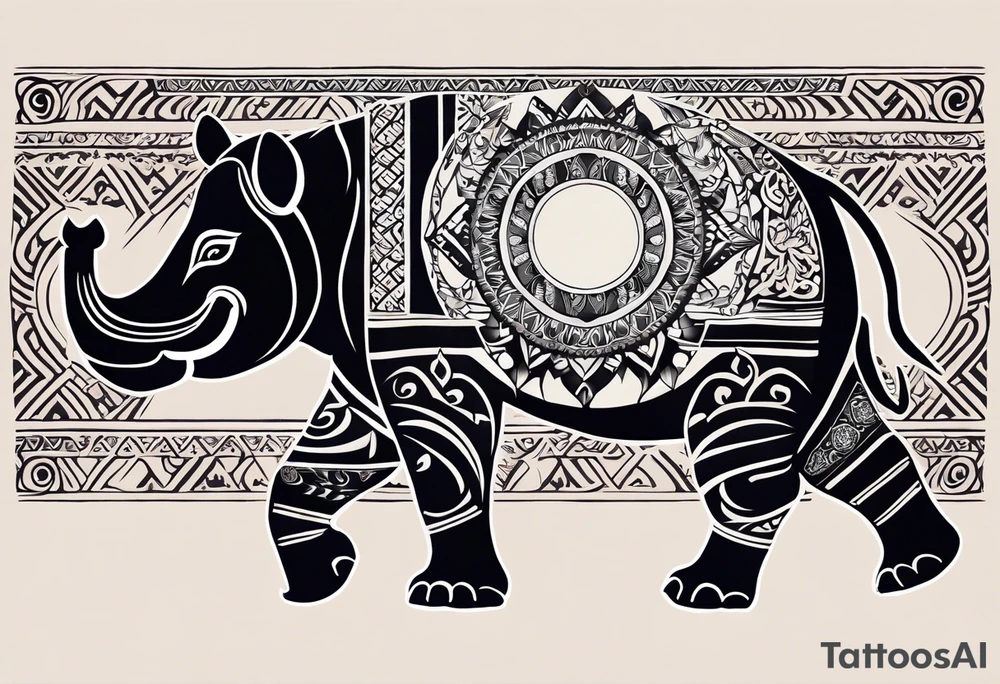 A foot long 2.5inches wide tattoo, containing a detailed hippo headwith tribal patterns in the middle, a full moon on the upper side, and some wintersweet flowwer on the bottom side, these three components are connected with arches, lines, little geometric patterns, the lines will ne fine and narrow tattoo idea