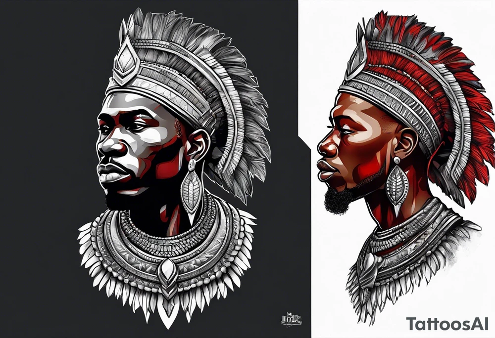 african warrior with a small silver crown and a red necklace tattoo idea