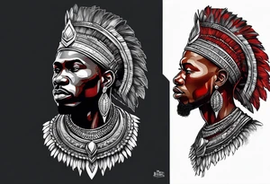 african warrior with a small silver crown and a red necklace tattoo idea
