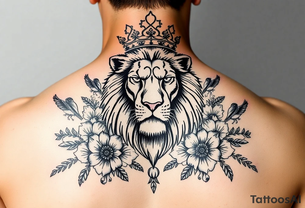 powerful majestic lion with a crown, surrounded by floral ornaments and birds tattoo idea