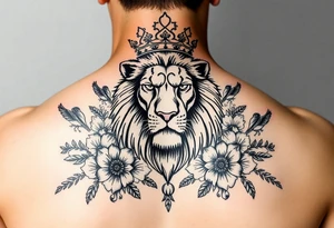 powerful majestic lion with a crown, surrounded by floral ornaments and birds tattoo idea