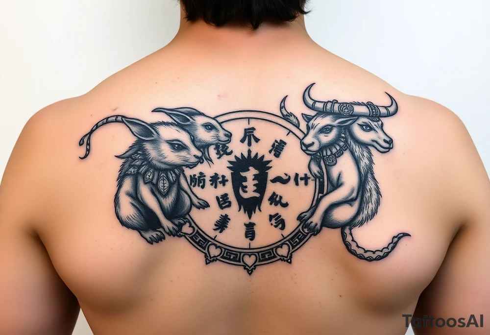 Chinese zodiac animals: rat, dog, goat, and ox all dressed up Japanese Samurai style in a circular formation tattoo idea