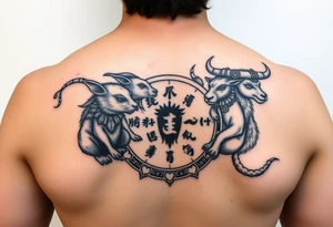 Chinese zodiac animals: rat, dog, goat, and ox all dressed up Japanese Samurai style in a circular formation tattoo idea