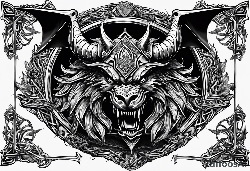 Valhalla sword shield dragon axe Valknut barbed wire chains tattoo idea