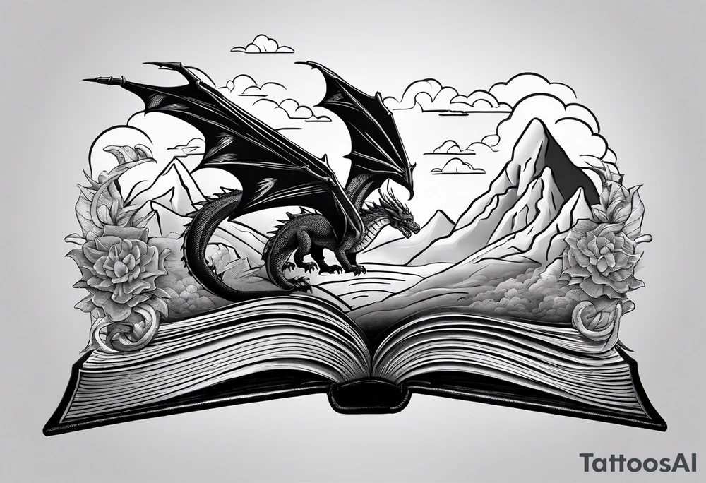 A large open book. a dragon with scales and four legs flying high in the sky. three mountains tattoo idea
