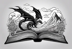 A large open book. a dragon with scales and four legs flying high in the sky. three mountains tattoo idea