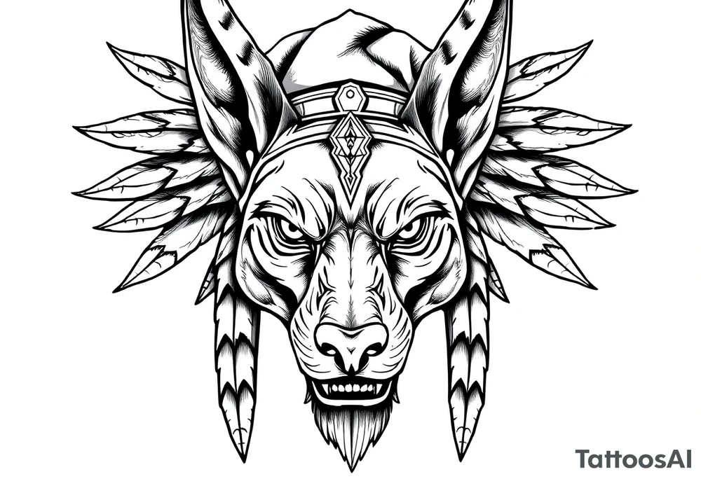 Egyptian Anubis god powerful face muscle in Egypt style with mantle on head dog face long ears tattoo idea