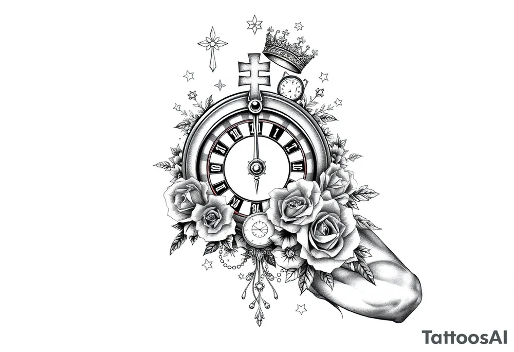 Roulette casino and princess and cross, baby angels, roses and clock and stars and fish, crown tattoo idea