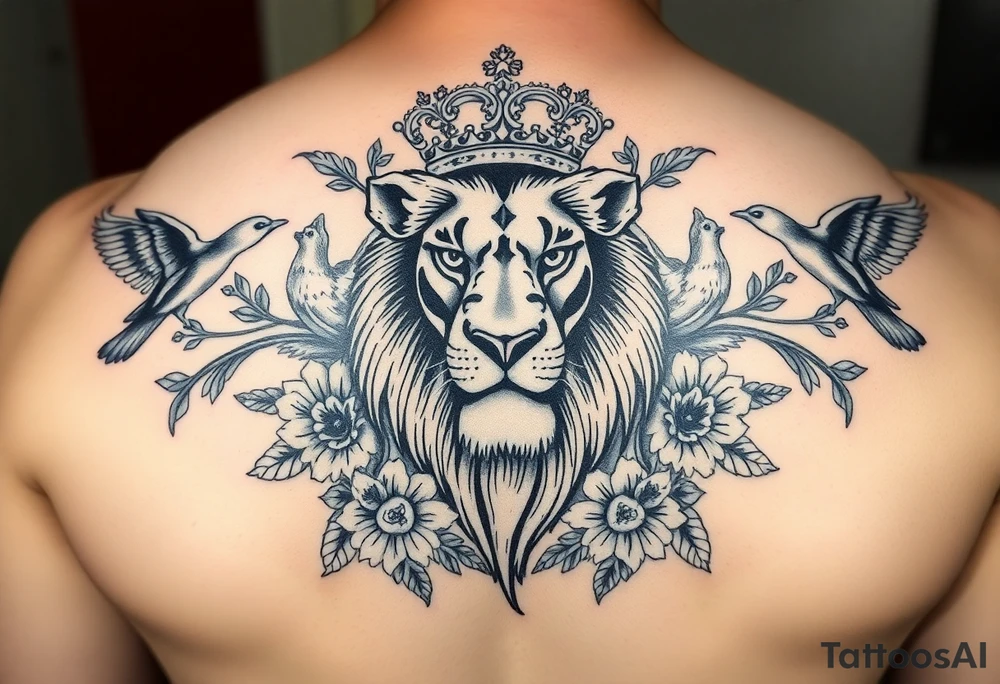 powerful majestic lion with a crown, surrounded by floral ornaments and birds tattoo idea