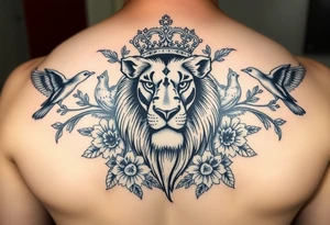 powerful majestic lion with a crown, surrounded by floral ornaments and birds tattoo idea