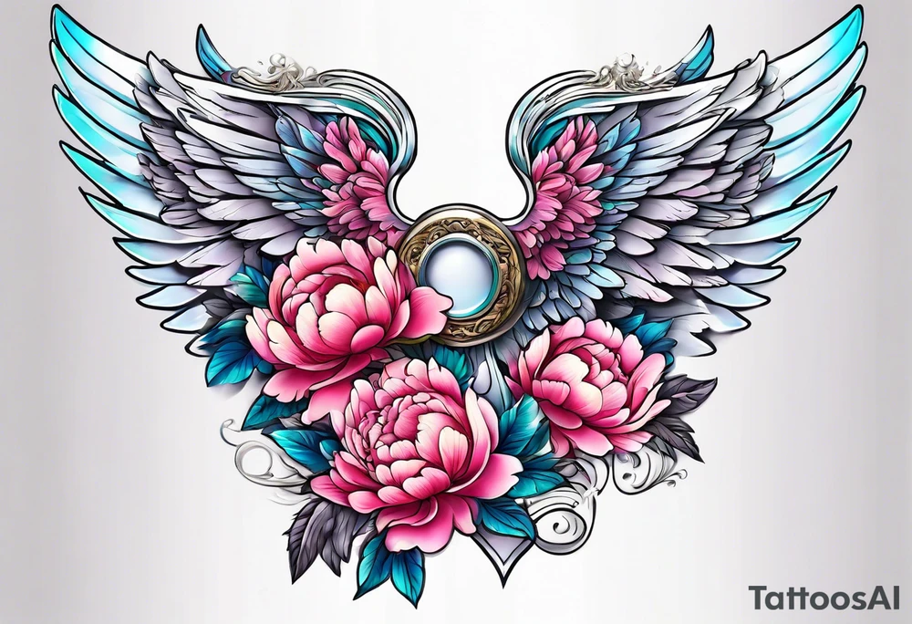 beautiful angel wings with floral peonies, roses, neon, brightly colored. highly detailed, tattoo idea