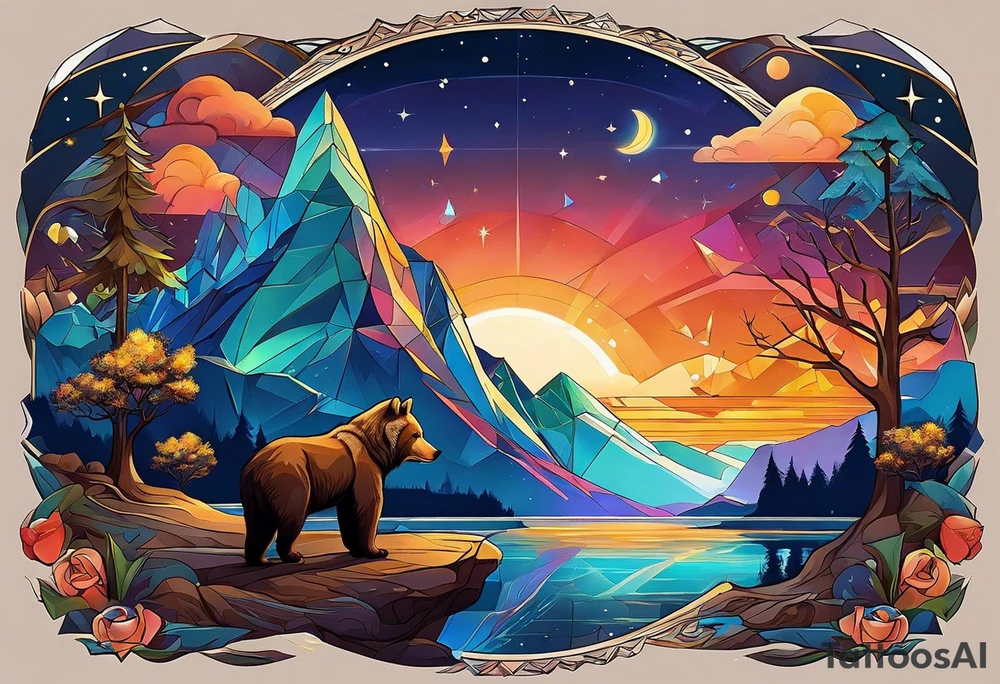 Full sleeve tattoo. The design should include space, stars, forest, sunset, mountains, cliffs, waterfall, water, ocean, wild animals (bear, wolves, elephant), and inserts of triangles and geometric figures. I have two children – a son, Sergei (the eldest), and a daughter, Anna, who live with me and my wife. But I also have another daughter, Marianna, whom I haven't seen for a long time and eagerly await to meet. The tattoo should symbolize love and protection for my children and family, the desire to secure their future, and confidence in tomorrow. It should reflect the notion of not looking back, but always moving forward and achieving goals! tattoo idea