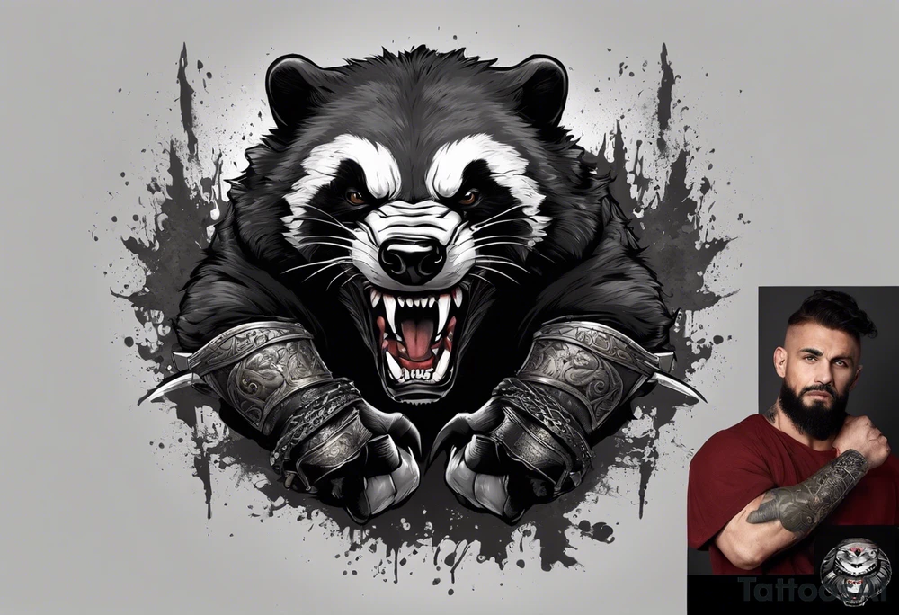 Draw me psychopath Honey Badger/Berserker with aggressive full body, killer face with a scary smile, very long nails and he attacks like a Bloody Assassin/Warrior/Gladiator to us and also, he has very deadly looking. He fights with his nails. Everybody scares after their first sight. Give me horror type Badger Tattoo. I want to see his Realistic full body. tattoo idea