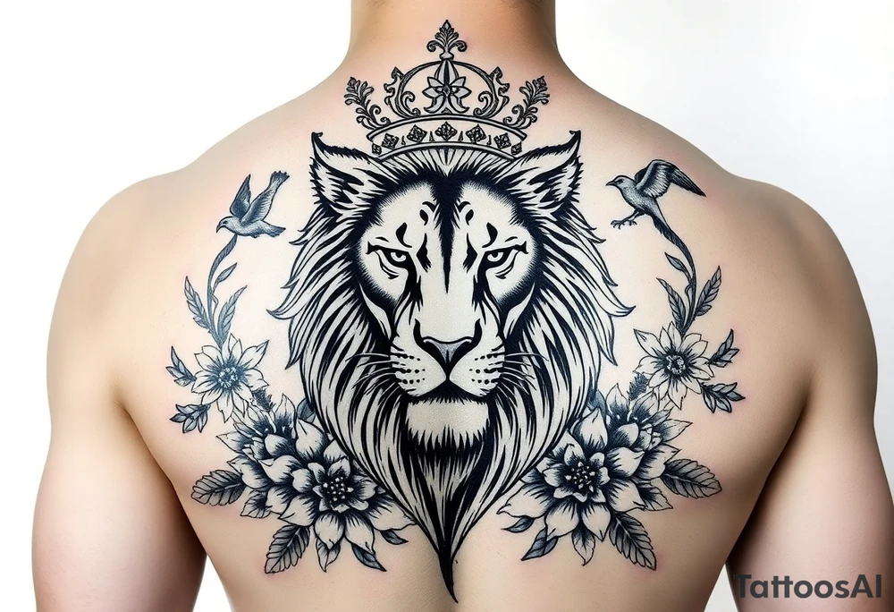 powerful majestic lion with a crown, surrounded by floral ornaments and birds tattoo idea